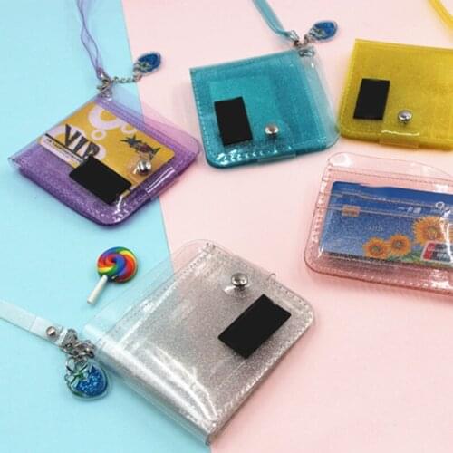 New Transparent ID Card Holder PVC Folding Short Wallet Fashion Women Girl Business Cards Case Purse With Lanyard