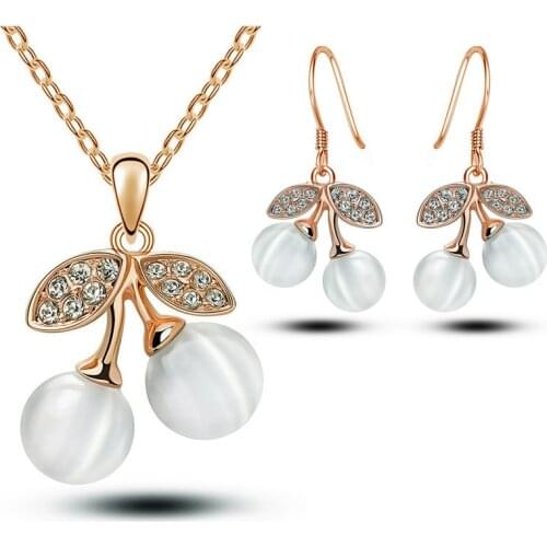 MOONROCY Rigant Rose Gold Color Cherry Opal Crystal Necklace and Earrings Jewelry Set for Women Vintage Dropshipping Wholesale