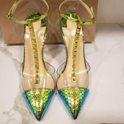Sexy Gold Rivets T Strap High Heel Pumps Iridescent Snake Leather Printed Patchwork Shoes Pointed Toe Stiletto Heels Dress Shoe