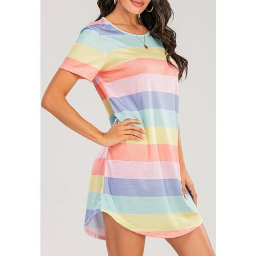 Sexy Pyjamas Night Dress for Women Short-Sleeved Rainbow Striped Nightgown Loose Dormir Tops Large Size Leisure Sleepwear S-5XL