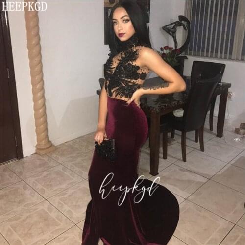 Sexy Burgundy Velvet Long Prom Dresses High Neck Beaded Lace See Through Mermaid Special Occasion Dress Plus Size Party Gowns