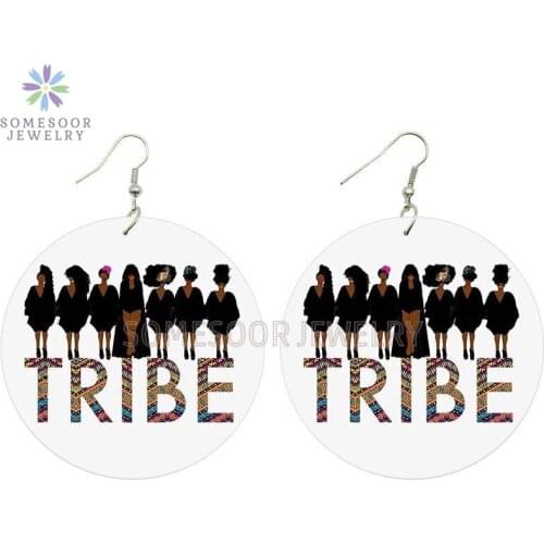 SOMESOOR Tribe Lady Sisters Afro Curls Hair Woman Wooden Drop Earrings Black Arts Painted Wood Dangle Jewelry For Women Gifts