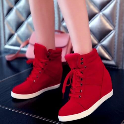 Spring Women Boots Faux Suede Leather Wedge Platform Boots Hidden Heel Shoes High Top Sneaker Casual Shoes for Woman Ankle Boot
