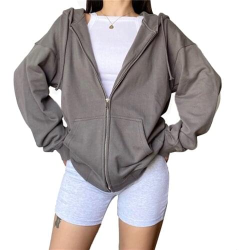 Xingqing Women’s Hoodie Coat 90s Y2k E-girl Zip Up Baseball Jacket Long Sleeve Tops Solid Color Oversize Sweatshirt with Pockets