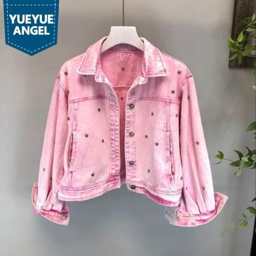 Women Rivet Beading Casual Pink Short Style Denim Jacket Top Quality Street Loose Batwing Sleeve Pocket Jeans Jacket Femme S-L