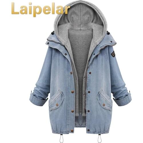 Women Autumn Denim Jacket Women Jackets Loose Hooded Tops Cowboy Two Denim Jacket Women Coat Plus Size 4XL Laipelar Outwear