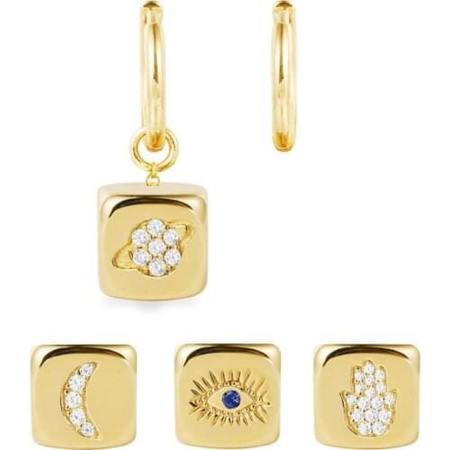 SLJELY Fashion 925 Sterling Silver Yellow Gold Color Mono Dice Asymmetric Earrings with Moon Eye Hand Planet Pattern for Women