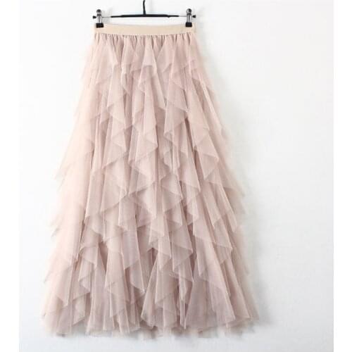 Female Elegant Beach Skirts Jupe Longue Spring Summer Tiered Tulle Skirt Women 2021 Casual Patchwork Tutu Skirt