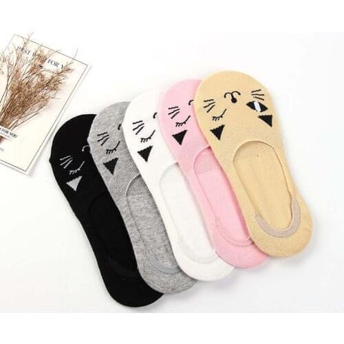 Womens Cotton Antiskid Invisible Liner Socks Cute Cat Solid Elastic Comfy Female Ankle Boat Low Cut Breathable Short Socks