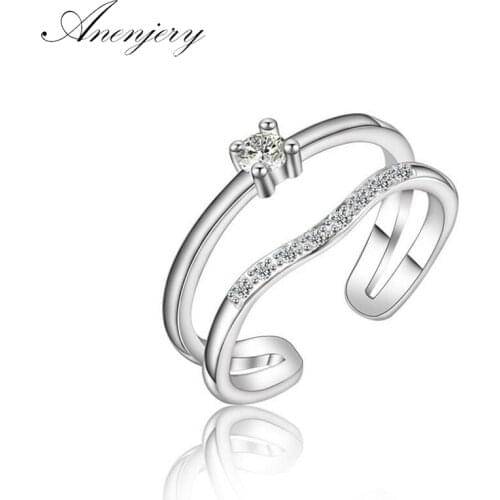 ANENJERY 925 Sterling Silver Rings For Women Trendy Fashion Multi-layer CZ Zircon Resizable Rings Bague S-R199