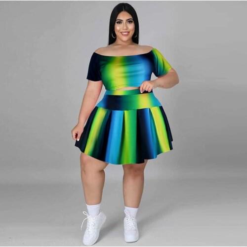 Gradient Color Two Piece Dress Sets Summer Outfit for Women Slash Neck Short Sleeve Crop Top and Pleated Midi Skirt Plus Size