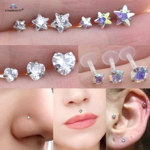 2pcs Top Crystal 3/4/5mm Heart Star Round Helix Tragus Piercing Oreja Nose Piercing Nariz Labret Lip Ring Nose Ring Earring Gift