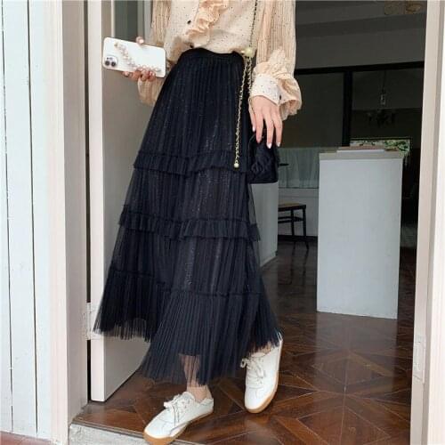 2021 Women Spring Summer Sweet Cake Layered Mesh Midi Skirt Female Elastic High Waist Pleated Skirt Lady Casual Loose Falda E560