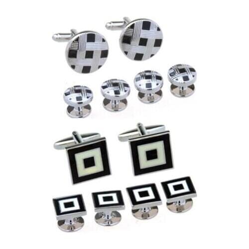 5Sets/lot Silver Enamel Tuxedo Cufflinks Collar Studs 6pcs Set Plating Grid Pattern Cuff Links Stud Set Mens Jewelry