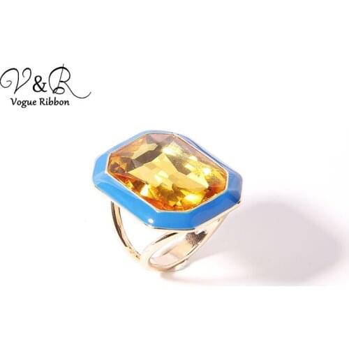 Geometric Enamel Glass Stone Cocktail Statement Wide Band Ring, Yellow Glass Stone Ring, Delicate Rings Jewelry Accessories 2019