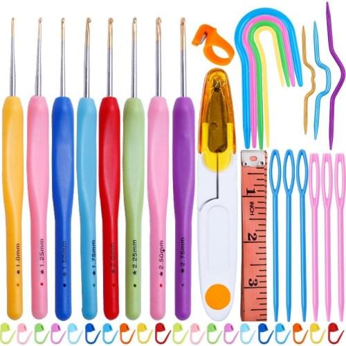 Imzay Rubber Handle Crochet Hooks Knitting Needles Set DIY Needle Arts Craft Scissors Stitch Markers Weave Sewing Needle Tools