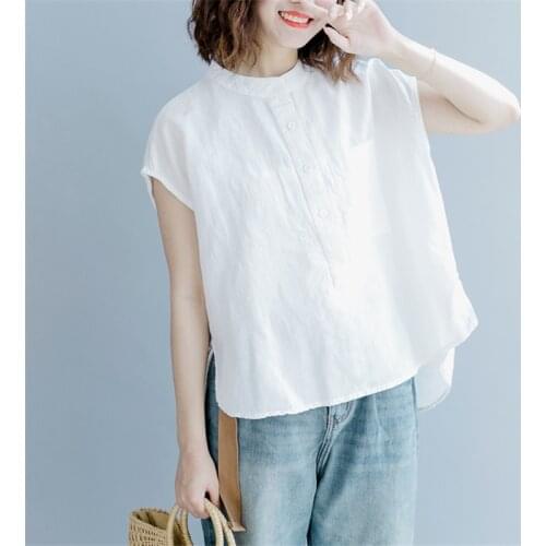 Johnature Women Stand Shirts And Blouses 2021 Summer New Solid Color Cotton Linen Casual Tops Button Chinese Style Women Shirts