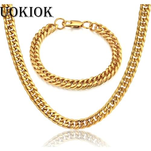 Mens Boys Miami Cuban Link Bracelet & Chain Set 8MM Male Gold Color Stainless Steel Hip Hop Necklace Chain Jewelry Sets S801