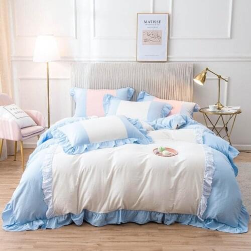 4Pcs Washed cotton Lotus lace Princess style bedding sets queen king size duvet cover set bed skirt set pillowcase bedclothes