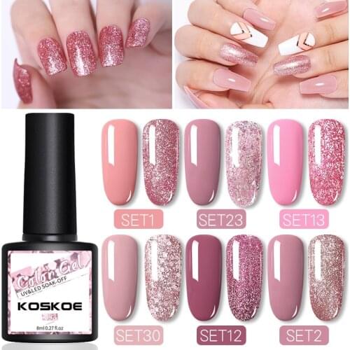 KOSKOE 2 Bottle Gel Nail Polish Set Rose Gold Glitter Varnishes Semi-Permanent Soak Off Nail Varnish Nail Sequin Shiny Color Gel