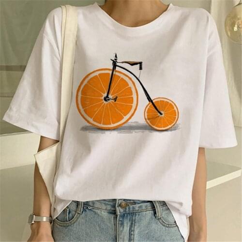 Summer Fashion T-shirt New Cute Cartoon Orange Fruits Bike Graphic Printed Tops Tee Women T-shirt Female T-shirt Girls T-shirt