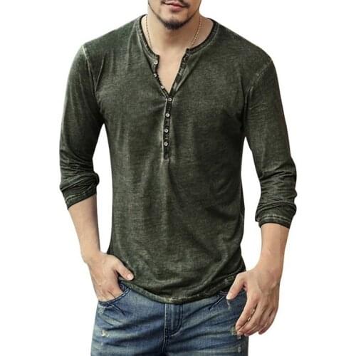 Men Tee Shirt V-neck Long Sleeve Tee&Tops Stylish Buttons T-shirt 2020 Autumn Casual Henley shirt Solid Male Clothing 5XL