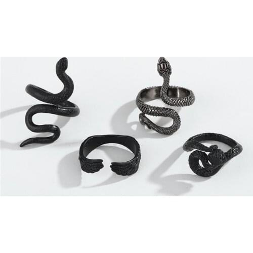 4PCS Black Mamba Snake Devil Wings Ring Set For Men Women Vintage Punk Gothic Cool Animals Adjustable Open Ring Male Jewelry T2