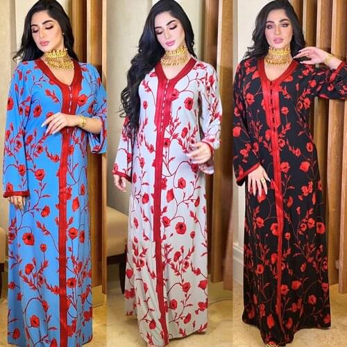 New Abaya Dubai Kaftan Eid Ramadan Turkey Caftan Women Muslim Maxi Dress Floral Print Party Gown Arabic Robe Islamic Clothing