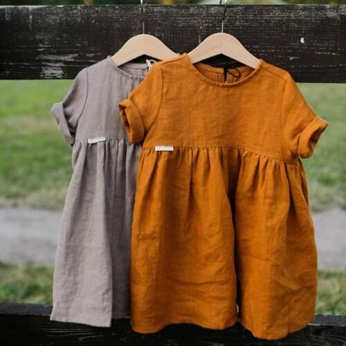 New Girls Cotton And Linen Dress Solid Color Childrens Casual Short-Sleeve Pleated Dresses WT016