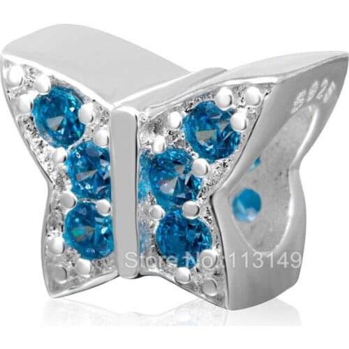 Lake Blue CZ Zircon Micro Pave Butterfly Authentic 925 Sterling Silver European Charm Beads Fine Jewellery Accessories SZPB233