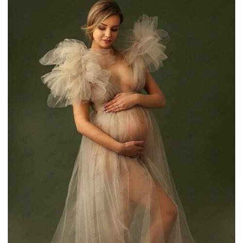 Ruffles Tulle Short Sleeve Women Maternity Sexy Kimono Pregnant Party Sleepwear Women Bathrobe Sheer Nightgown Robe Shawel