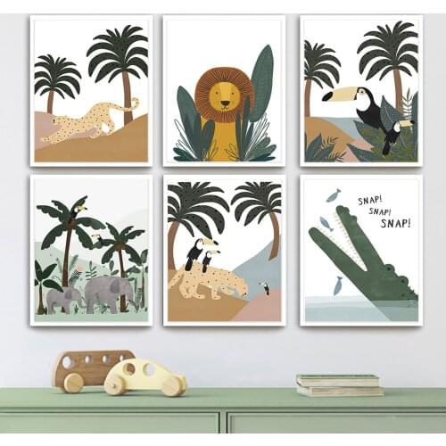 Lion Elephant Bird Tropical Leaf Jungle Animals Nordic Posters And Prints Wall Art Canvas Painting Wall Pictures Kids Room Decor
