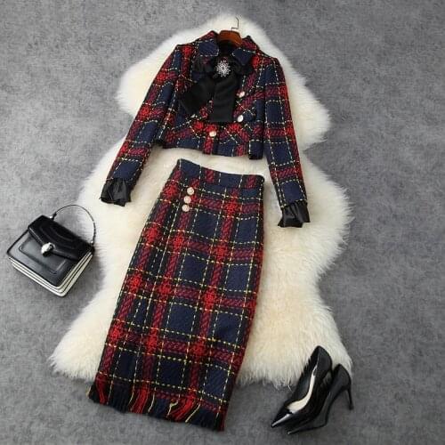 2020 winter luxury designer women plaid tweed short jacket pearls bowknot and tassel pencil skirt sets xmas two piece outfits