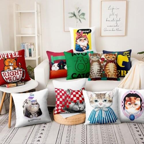 Lovely Cat Printed Thin Linen Pillowcase Catoon Meow Illustration Cushion Decorative Pillows Home Decor Sofa Throw Pillow 45*45
