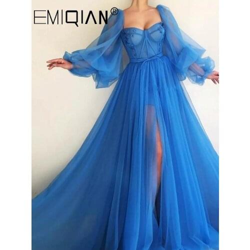 Custom Made Blue Prom Dresses, Long Puffy Sleeve Tulle Backless Formal Evening Party Gowns, Beauty Pageant Dresses