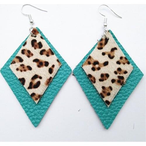 Blue Dangle Rhombic Trendy Genuine Leather Leopard Geometric Statement Earring Women Girl Hanging Fashion Jewelry Drop Earrings