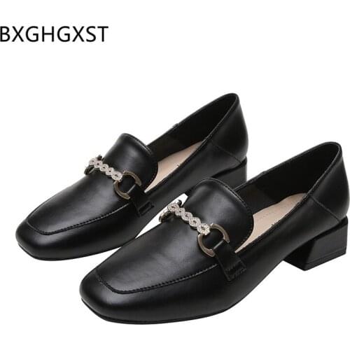 Oxford Women Shoes Casual Classic Leather Shoes Women Square Toe Heels Loafers Pumps Black Office Shoes for Women Low Heels 2021