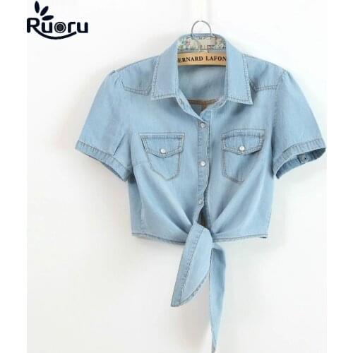 Ruoru Kimono Crop Top Plus Size Summer Women Girls Short Denim Shirts Tie Up Jeans Blouse Students Coats Denim Women Shirts Cute