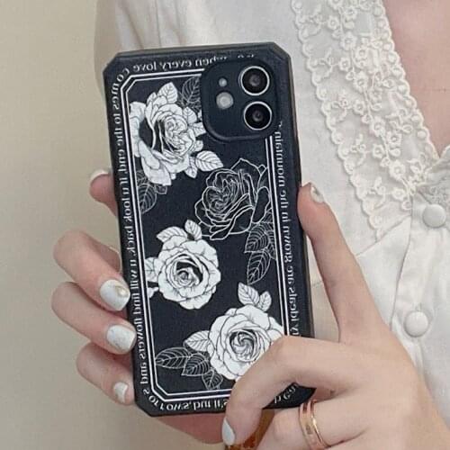 Vintage Roses Flower PU Leather Black Phone Case for iPhone 11 12 Pro XS Max 7 8 Plus X XR Soft Silicon Back Cover Coques Women