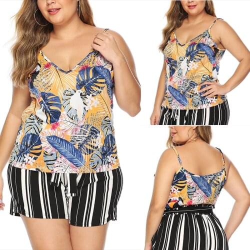 WomenS Plus Size V-Neck Sleeveless Thin Sling Vest Leaves Printed Tank Tops