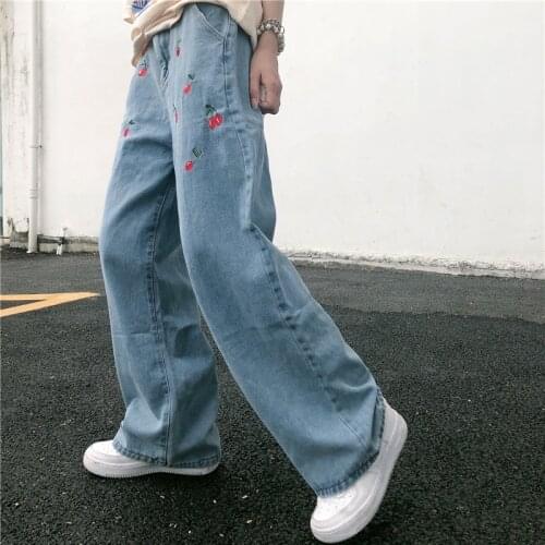 Wide Leg Jeans WomenS High Waist Cherry Long Full Length Blue Jeans Hip Hop Clothing Ladies Retro Harajuku Denim Femme 2021 y2k