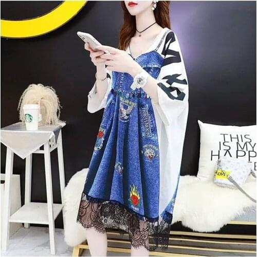 Womens Printed Lace Stitching Mid-Length T-shirt Summer Korean Plus Size Long Tees Skirt Short-Sleeved Loose Tshirt Tops Clothes