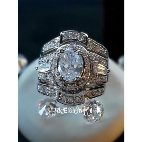 Vintage14K White Gold Lab Diamond Ring set Jewelry 3-in-1 Engagement Wedding band Rings for Women Bridal Fine Party accessory