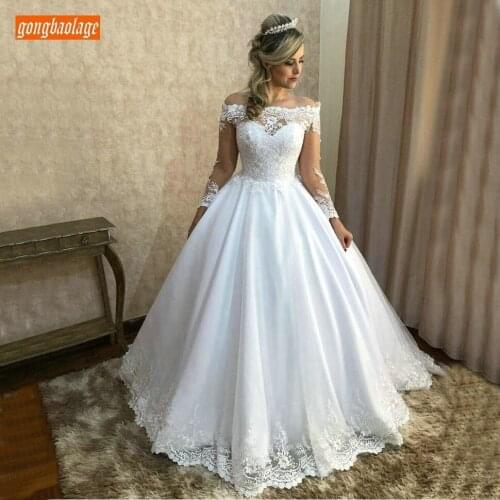 Luxury White Lace Wedding Dresses Long Sleeve 2020 Off Shoulder Ivory Bridal Dress Ball Gown Satin Tulle Appliques Wedding Gowns