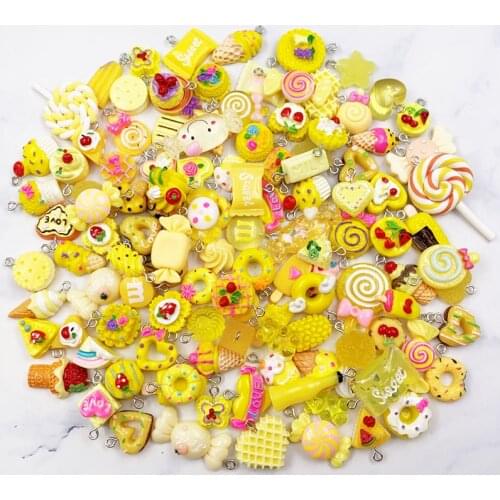 10PCS Mixed Yellow Resin Candy Dangle Charms For Jewelry Making Resin Cake Donuts Lollipop Charm With Hook