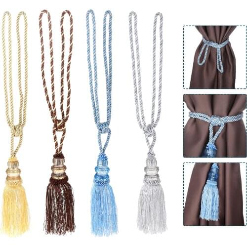 2pcs Tassel Curtain Rope Crystal Beads Decor Tiebacks Hook Window Hand Knitting Buckle Cord Drapery Gray/Gold/Coffee/Blue 49cm
