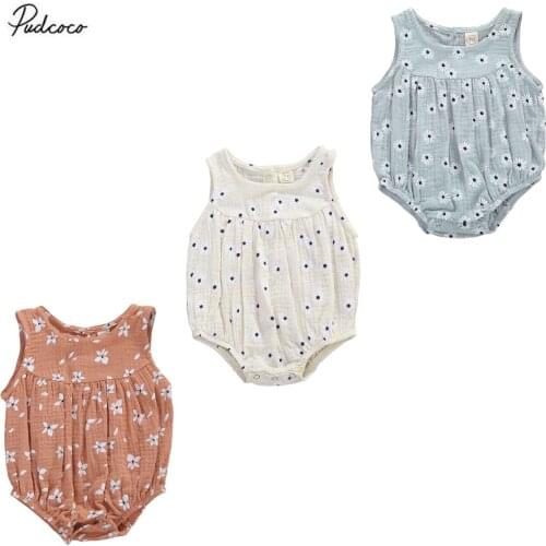 2020 Summer Boho 0-18M Infant Baby Cotton Linen Romper Girls Floral Print Sleeveless Soft Playsuit Jumpsuit 3 Colors