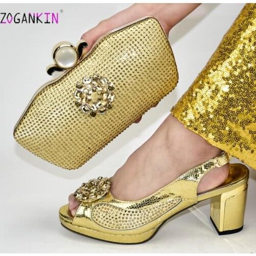 2020 Christmas New Design Nigerian Party Shoes Matching Bag in Golden Color Decorate with Rhinestone for Italian Royal Party