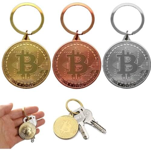 3 Colors Gold Silver Bitcoin Key Chain Coins Copper Plated Key Ring Commemorative Collectors Fashion Gifts Bag Pend Home Decor
