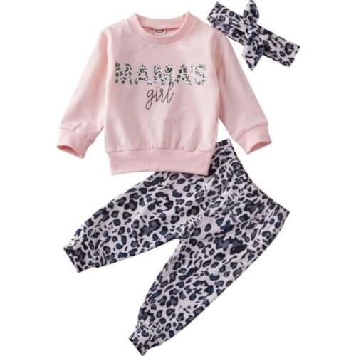 3Pcs Newborn Baby Girl Clothes Letter Pullover Tops T-shirt Leopard Print Long Pants Headband Autumn Fashion Outfit Tracksuits